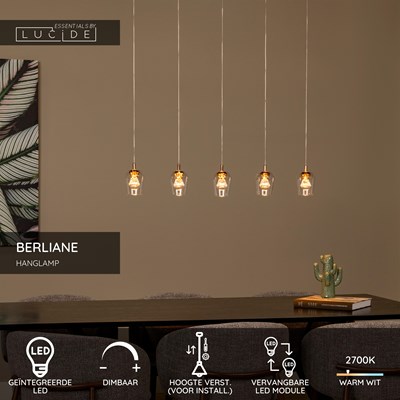 Lucide BERLIANE - Hanglamp - LED Dimb. - 5x4W 2700K - Met vervangbare LED-module - Transparant | Essential
